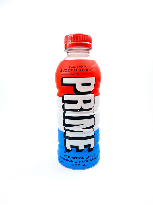 Frontansicht des amerikanischen Influencer Getränks Prime Ice Pop in der 500ml Flasche